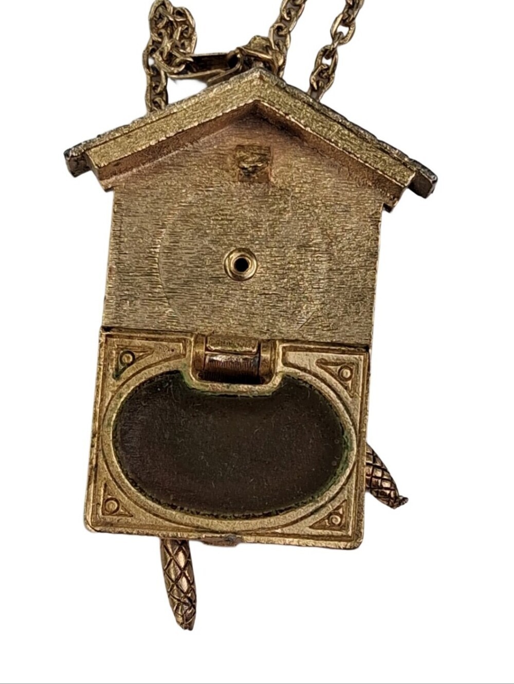Vintage Vanda USA Cuckoo Clock Solid Perfume Locket Necklace Gold Tone - Picture 8 of 8